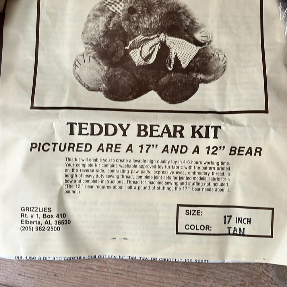 Vintage Grizzlies Teddy Bear Craft Kit 17” Tan Complete